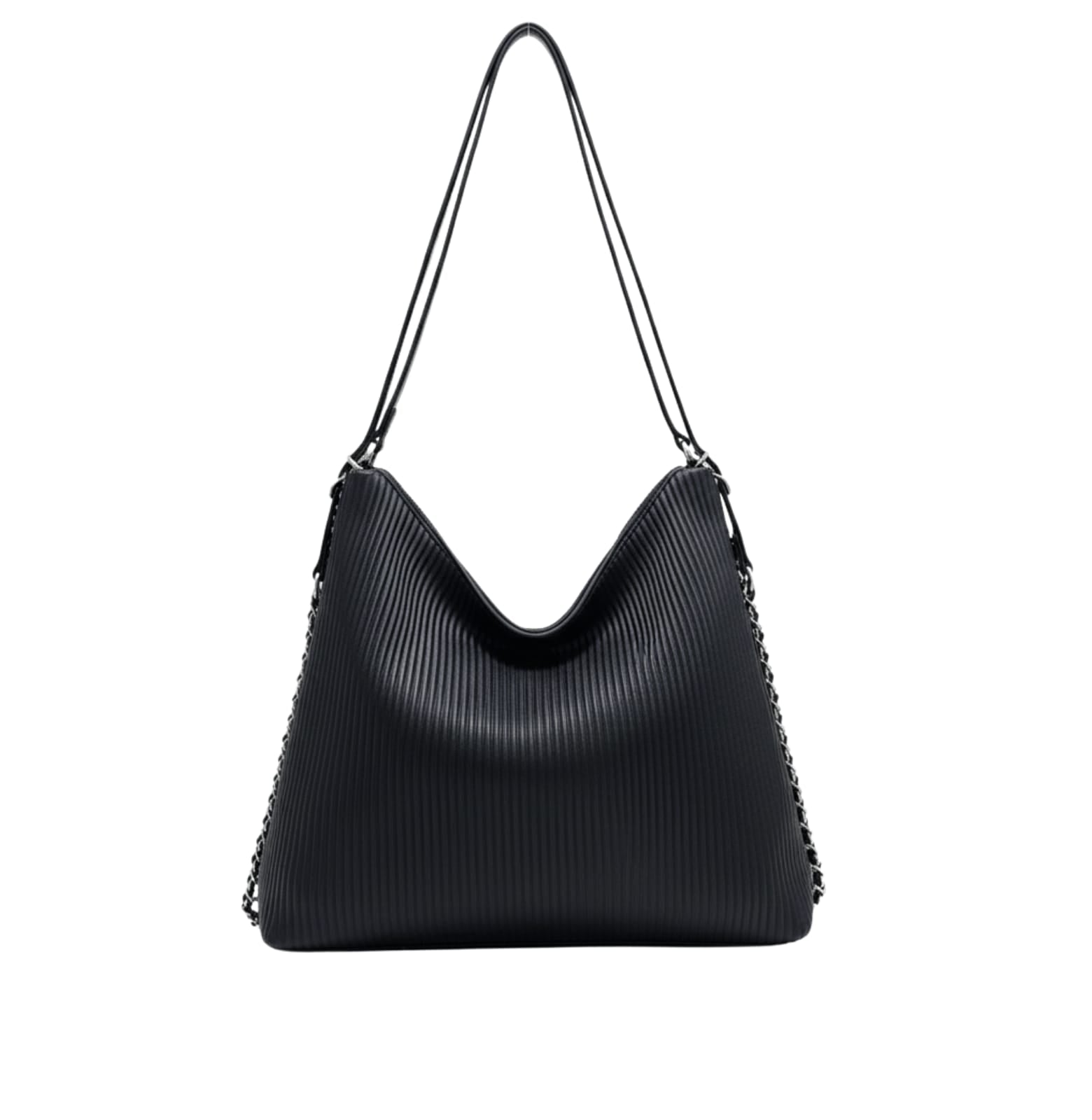 Chanel | Hobo Shoulder Bag With A Ribbed Texture And Silver Chain Straps.