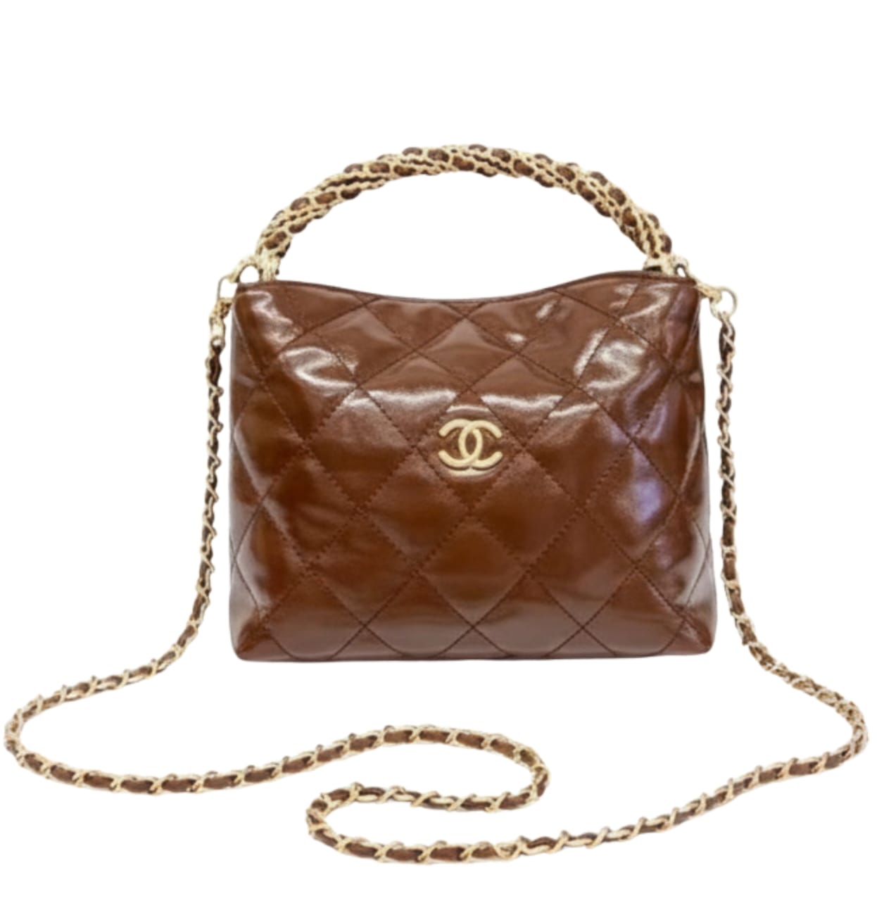 Chanel | Quilted Braided Handle Chain Hobo In Brown Leather.