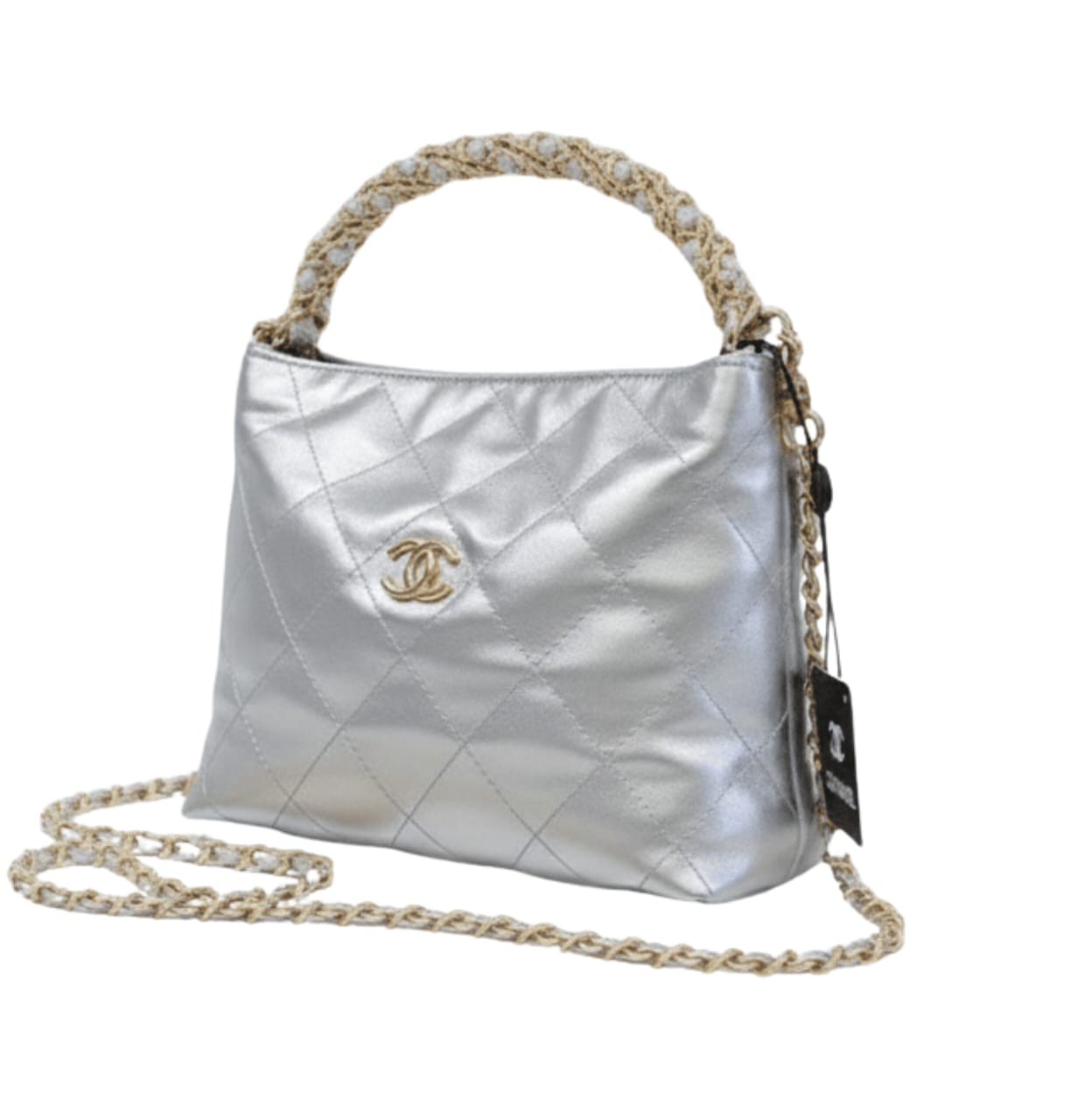 Chanel | Metallic Lambskin Chain Rows Quilted Chain Hobo Bag In Silver.