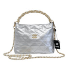 Chanel | Metallic Lambskin Chain Rows Quilted Chain Hobo Bag In Silver.