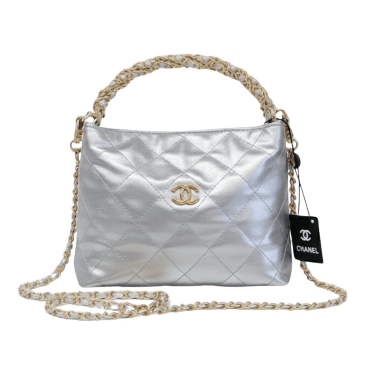 Chanel | Metallic Lambskin Chain Rows Quilted Chain Hobo Bag In Silver.