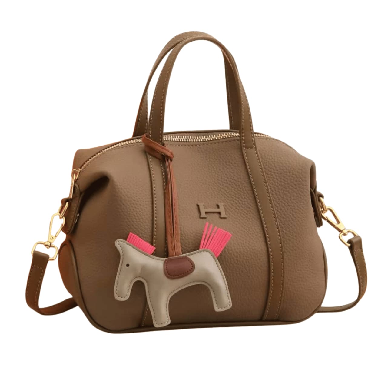 Hermes | Brown Leather-look Satchel Handbag With A Horse Charm Accessory