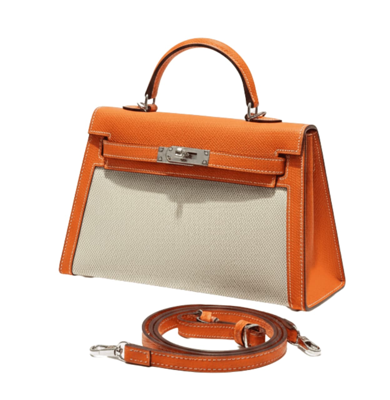 Hermès | Kelly Bag In Orange Leather And A Neutral Canvas Material